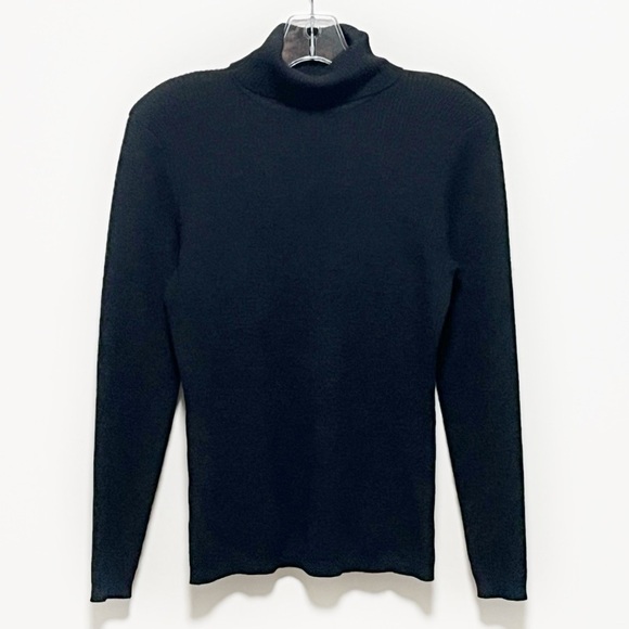 Susan Bristol Classic versatile black merino wool ribbed chic turtleneck sweater - Picture 1 of 8